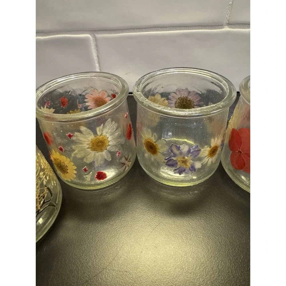 Handmade Pressed Flowers Votive Candle Holders Set‎ of 7 Spring Simmer Decor